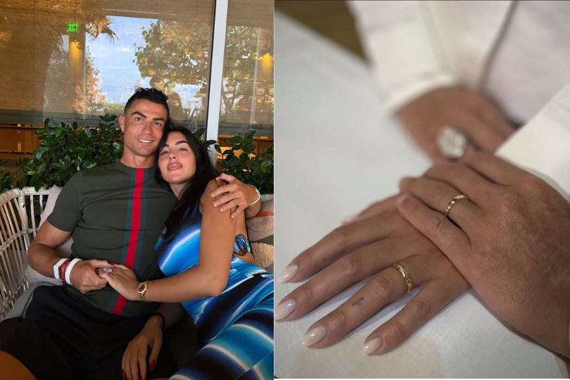 Cristiano Ronaldo and Georgina Rodriguez pose together alongside a close-up of their wedding ring